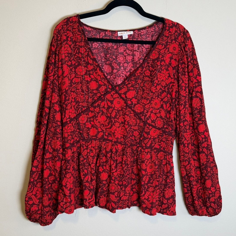 Knox Rose Women's XL Red Burgundy Floral VNeck Peplum Top Metallic Thread Blouse - Picture 1 of 7